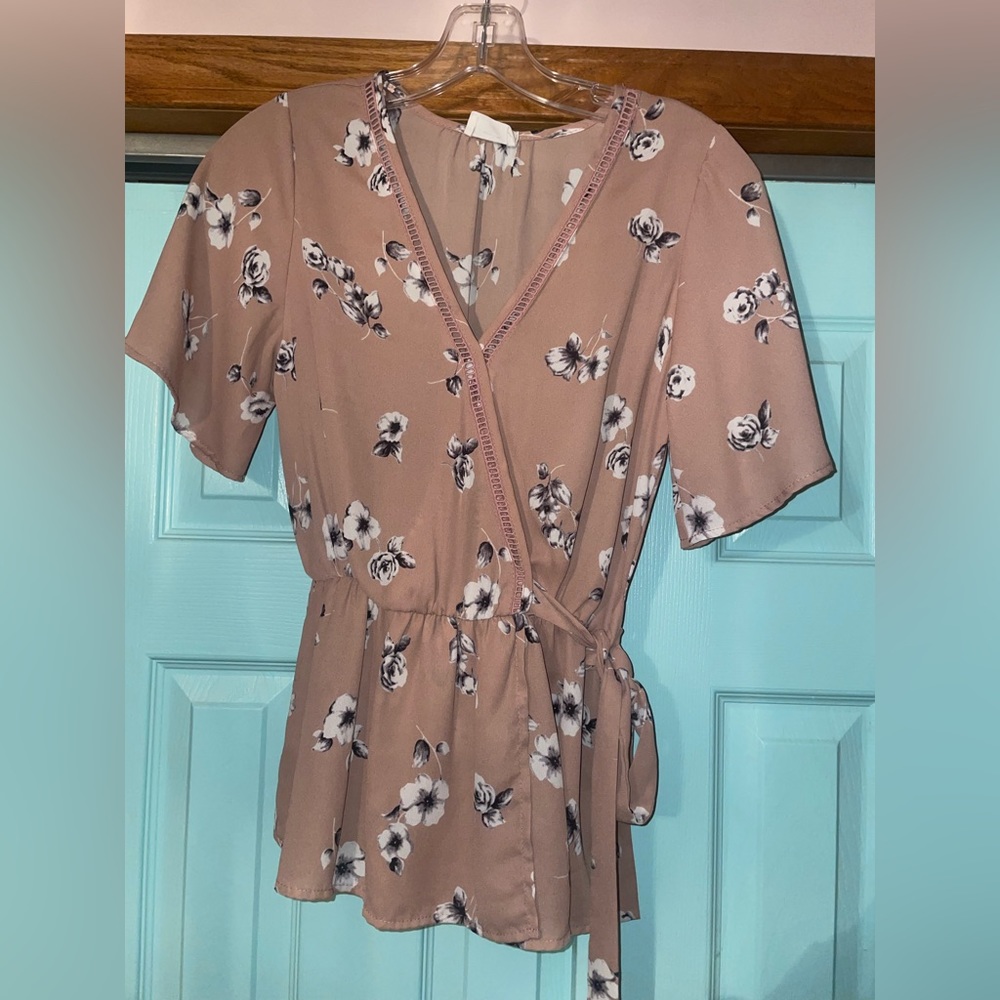 Pink floral wrap blouse